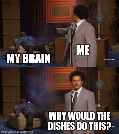 ??? | ME; MY BRAIN; WHY WOULD THE DISHES DO THIS? | image tagged in memes,who killed hannibal | made w/ Imgflip meme maker