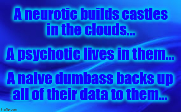 Cloud Castles | A neurotic builds castles
in the clouds... A psychotic lives in them... A naive dumbass backs up
all of their data to them... | image tagged in blue background,castles in the sky,cloud,castle,neurotic,psychotic | made w/ Imgflip meme maker