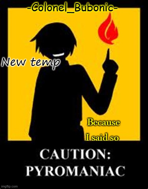 Pyromaniac temp | New temp; Because I said so | image tagged in pyromaniac temp | made w/ Imgflip meme maker