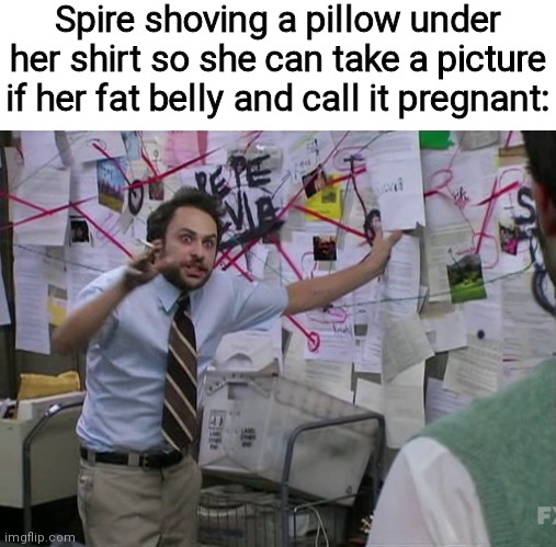 people never credited me -dane | Spire shoving a pillow under her shirt so she can take a picture if her fat belly and call it pregnant: | image tagged in blank white template,charlie conspiracy always sunny in philidelphia | made w/ Imgflip meme maker