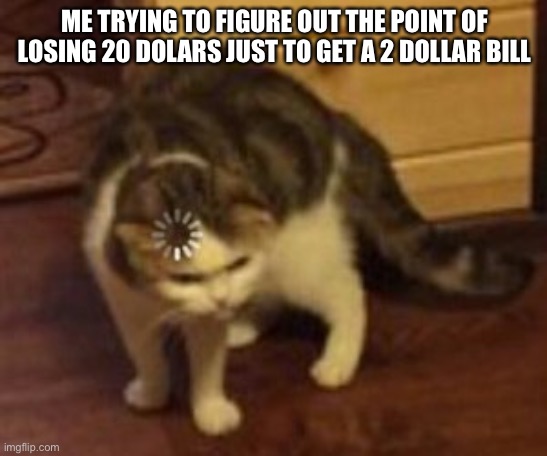 Loading cat | ME TRYING TO FIGURE OUT THE POINT OF LOSING 20 DOLARS JUST TO GET A 2 DOLLAR BILL | image tagged in loading cat | made w/ Imgflip meme maker