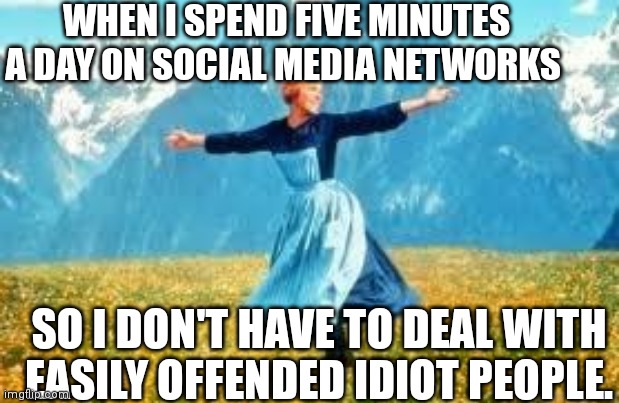 Look At All These | WHEN I SPEND FIVE MINUTES A DAY ON SOCIAL MEDIA NETWORKS; SO I DON'T HAVE TO DEAL WITH EASILY OFFENDED IDIOT PEOPLE. | image tagged in memes,look at all these | made w/ Imgflip meme maker