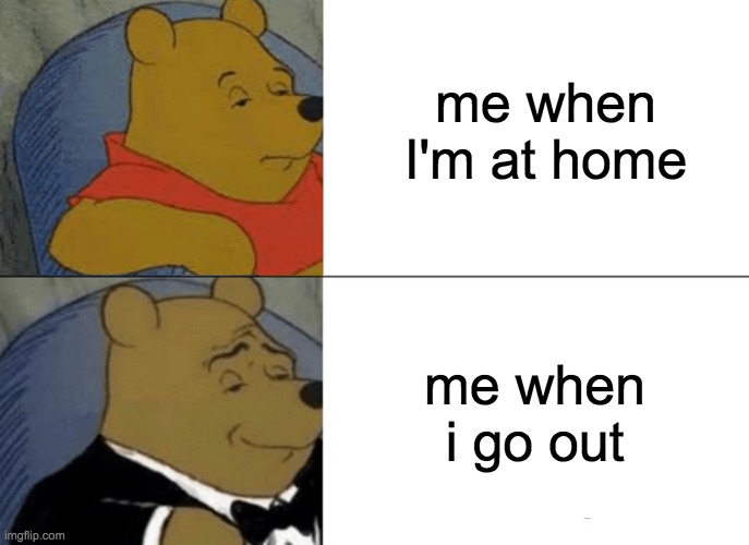 whining in the pool | me when I'm at home; me when i go out | image tagged in memes,tuxedo winnie the pooh | made w/ Imgflip meme maker