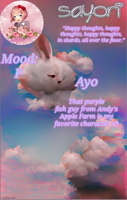 Wombo.art combo | Ayo; P; That purple fish guy from Andy's Apple Farm is my favorite character :D | image tagged in wombo art combo | made w/ Imgflip meme maker