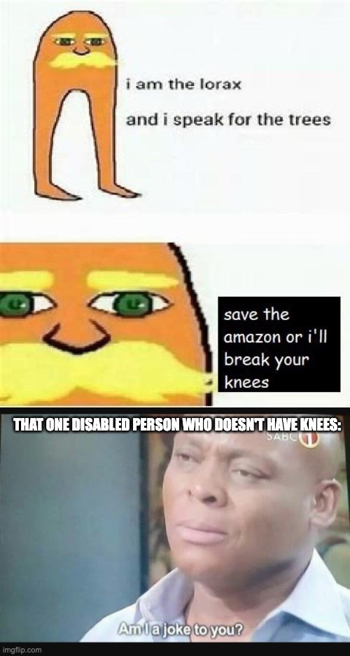 Am I a joke to you | THAT ONE DISABLED PERSON WHO DOESN'T HAVE KNEES: | image tagged in am i a joke to you | made w/ Imgflip meme maker