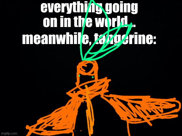 tangerine is not t-posing, they are in the middle of doing the club penguin dance. | everything going on in the world... meanwhile, tangerine: | image tagged in black background | made w/ Imgflip meme maker