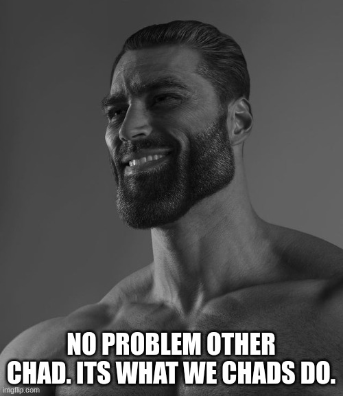 Giga Chad | NO PROBLEM OTHER CHAD. ITS WHAT WE CHADS DO. | image tagged in giga chad | made w/ Imgflip meme maker