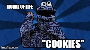 Cookie monster logic. | MORAL OF LIFE ''COOKIES'' | image tagged in cookie monster,funny | made w/ Imgflip meme maker