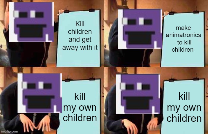 Gru's Plan | Kill
children and get away with it; make animatronics  to kill children; kill my own children; kill my own children | image tagged in memes,gru's plan | made w/ Imgflip meme maker