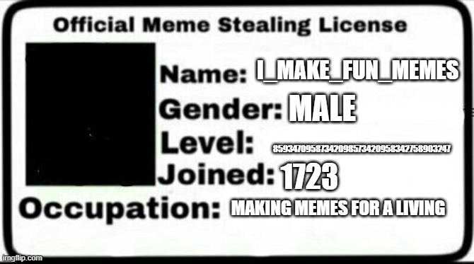 Totally real | I_MAKE_FUN_MEMES; MALE; 85934709587342098573420958342758903247; 1723; MAKING MEMES FOR A LIVING | image tagged in meme stealing license,memes | made w/ Imgflip meme maker