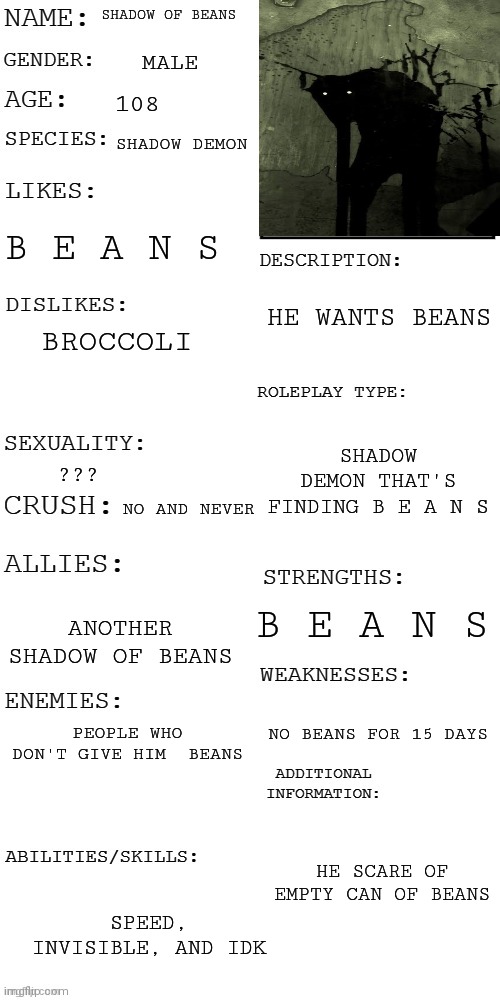 Beans | SHADOW OF BEANS; MALE; 108; SHADOW DEMON; B E A N S; HE WANTS BEANS; BROCCOLI; SHADOW DEMON THAT'S FINDING B E A N S; ??? NO AND NEVER; B E A N S; ANOTHER SHADOW OF BEANS; NO BEANS FOR 15 DAYS; PEOPLE WHO DON'T GIVE HIM  BEANS; HE SCARE OF EMPTY CAN OF BEANS; SPEED, INVISIBLE, AND IDK | image tagged in beans | made w/ Imgflip meme maker