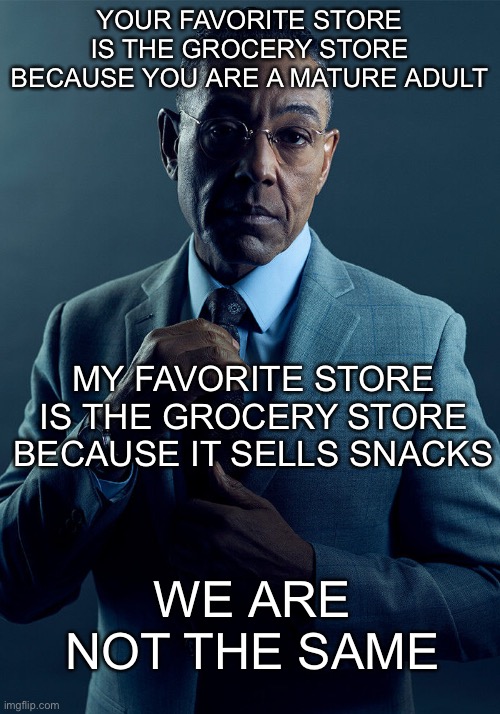 We are not the same | YOUR FAVORITE STORE IS THE GROCERY STORE BECAUSE YOU ARE A MATURE ADULT; MY FAVORITE STORE IS THE GROCERY STORE BECAUSE IT SELLS SNACKS; WE ARE NOT THE SAME | image tagged in gus fring we are not the same | made w/ Imgflip meme maker