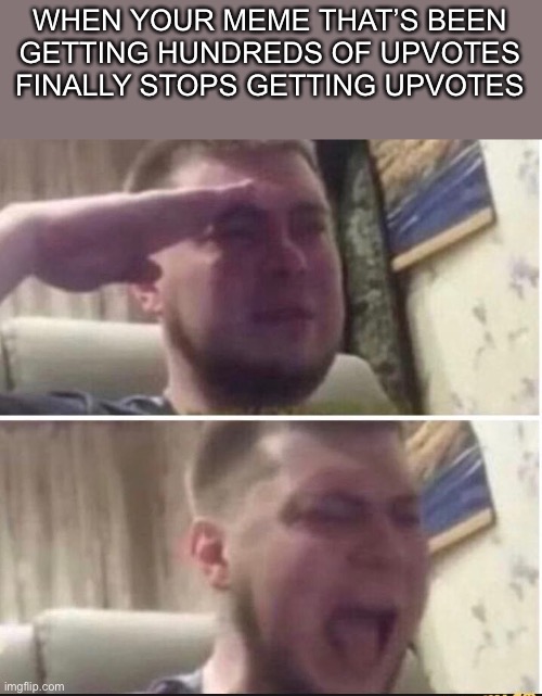 Based on a true story | WHEN YOUR MEME THAT’S BEEN GETTING HUNDREDS OF UPVOTES FINALLY STOPS GETTING UPVOTES | image tagged in crying salute | made w/ Imgflip meme maker