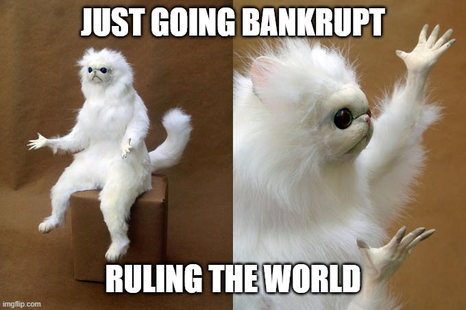 USA | JUST GOING BANKRUPT; RULING THE WORLD | image tagged in memes,persian cat room guardian | made w/ Imgflip meme maker