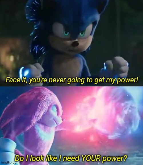 Do I look like I need your power? | Face it, you're never going to get my power! Do I look like I need YOUR power? | image tagged in sonic the hedgehog,sonic movie,sonic,knuckles | made w/ Imgflip meme maker