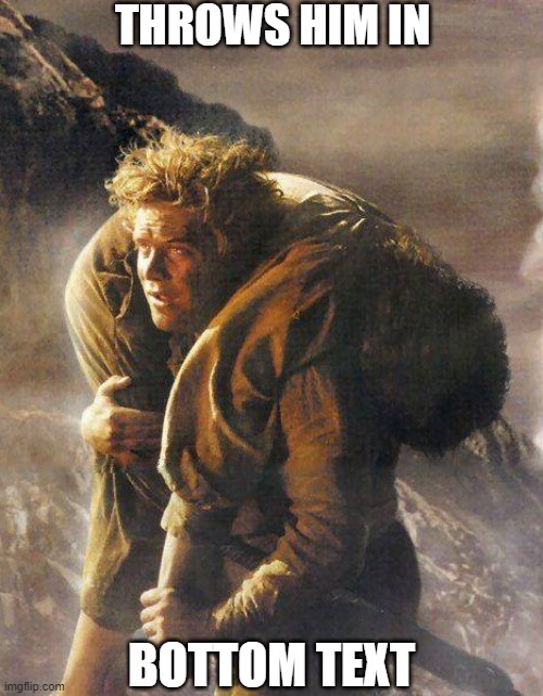 Sam Carrying Frodo | THROWS HIM IN BOTTOM TEXT | image tagged in sam carrying frodo | made w/ Imgflip meme maker