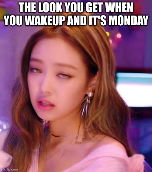 Jennie looks like she's on something | THE LOOK YOU GET WHEN YOU WAKEUP AND IT'S MONDAY | image tagged in blackpink,jenniekim,jennierubyjane | made w/ Imgflip meme maker