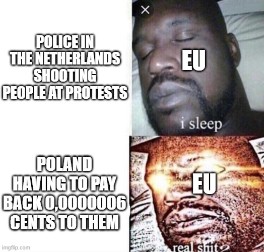 i sleep real shit | POLICE IN THE NETHERLANDS SHOOTING PEOPLE AT PROTESTS; EU; POLAND HAVING TO PAY BACK 0,0000006 CENTS TO THEM; EU | image tagged in i sleep real shit | made w/ Imgflip meme maker