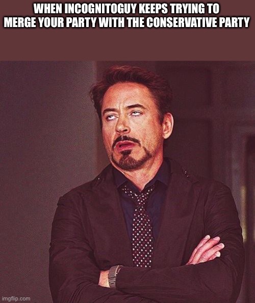 Honestly, just stop. We have already rejected you 3 times, bruv. | WHEN INCOGNITOGUY KEEPS TRYING TO MERGE YOUR PARTY WITH THE CONSERVATIVE PARTY | image tagged in robert downey jr annoyed | made w/ Imgflip meme maker