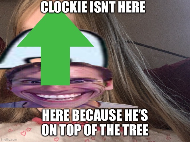 custom images be like: | CLOCKIE ISNT HERE; HERE BECAUSE HE’S ON TOP OF THE TREE | image tagged in custom image | made w/ Imgflip meme maker