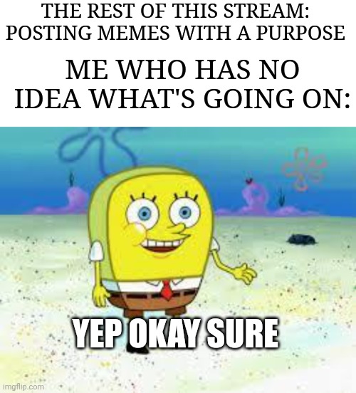 :-) | THE REST OF THIS STREAM: POSTING MEMES WITH A PURPOSE; ME WHO HAS NO IDEA WHAT'S GOING ON:; YEP OKAY SURE | image tagged in blank white template,normal spongebob | made w/ Imgflip meme maker