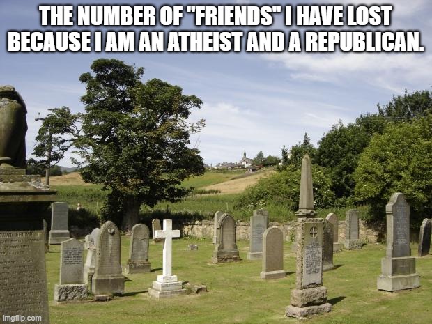 Graveyard | THE NUMBER OF "FRIENDS" I HAVE LOST BECAUSE I AM AN ATHEIST AND A REPUBLICAN. | image tagged in graveyard | made w/ Imgflip meme maker