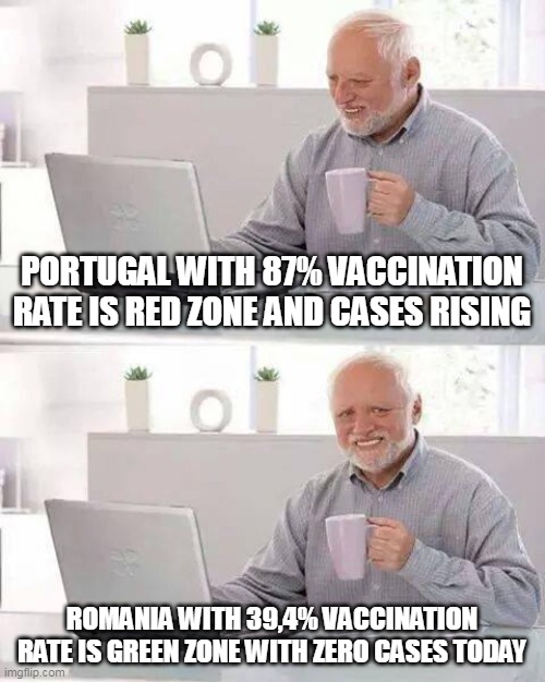 Hide the Pain Harold | PORTUGAL WITH 87% VACCINATION RATE IS RED ZONE AND CASES RISING; ROMANIA WITH 39,4% VACCINATION RATE IS GREEN ZONE WITH ZERO CASES TODAY | image tagged in memes,hide the pain harold | made w/ Imgflip meme maker