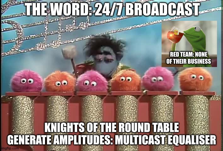 Above & below all your amplitudes | THE WORD: 24/7 BROADCAST; RED TEAM: NONE OF THEIR BUSINESS; KNIGHTS OF THE ROUND TABLE GENERATE AMPLITUDES: MULTICAST EQUALISER | image tagged in muppaphone,word,knights of the round table,we weren't expecting special forces | made w/ Imgflip meme maker