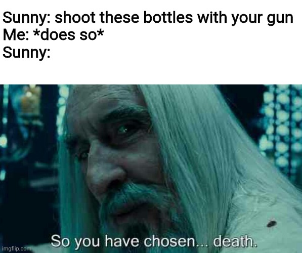 Fallout New Vegas tutorial in a nutshell | Sunny: shoot these bottles with your gun
Me: *does so*
Sunny: | image tagged in so you have chosen death,fallout new vegas,funny | made w/ Imgflip meme maker