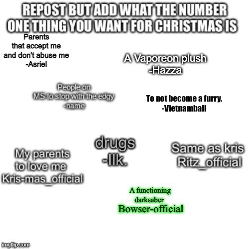 Parents that accept me and don't abuse me
-Asriel | made w/ Imgflip meme maker
