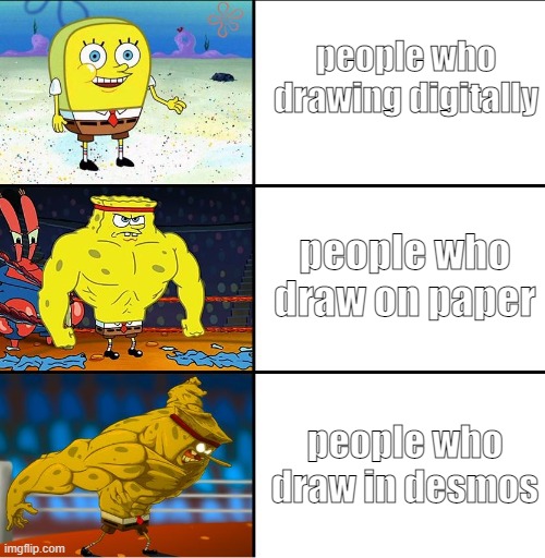 how do people drawing in desmos |  people who drawing digitally; people who draw on paper; people who draw in desmos | image tagged in increasingly buff spongebob w/anime,memes | made w/ Imgflip meme maker