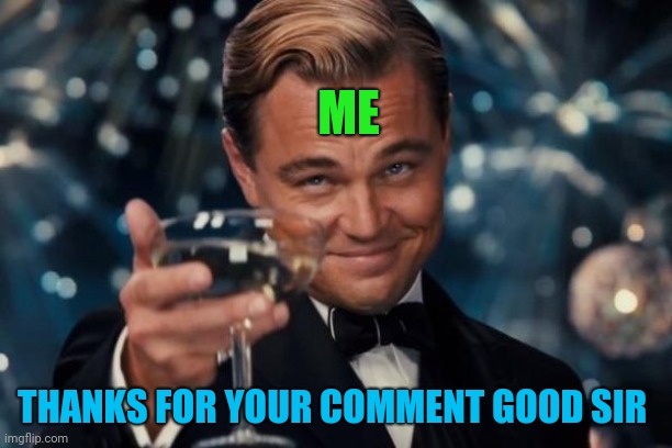 Leonardo Dicaprio Cheers Meme | ME THANKS FOR YOUR COMMENT GOOD SIR | image tagged in memes,leonardo dicaprio cheers | made w/ Imgflip meme maker