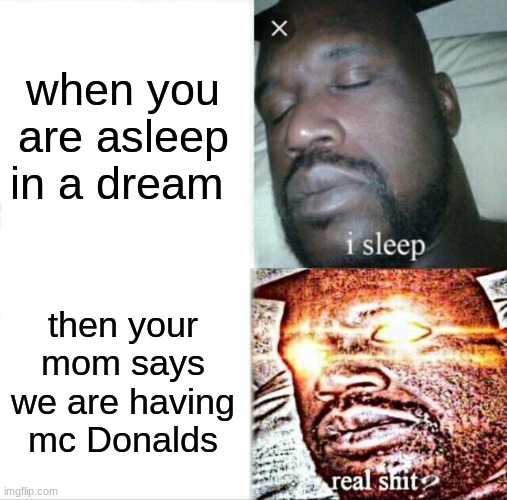 }{__++| | when you are asleep in a dream; then your mom says we are having mc Donalds | image tagged in memes,sleeping shaq | made w/ Imgflip meme maker