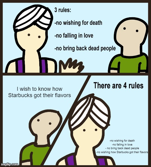 Never ask Starbucks that question! | I wish to know how Starbucks got their flavors; -no wishing for death

-no falling in love

- no bring back dead people

-no wishing how Starbucks got their flavors | image tagged in genie rules meme | made w/ Imgflip meme maker