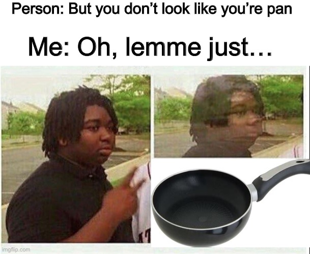 I had an idea and had to come back for just this meme. Bye again. | Person: But you don’t look like you’re pan; Me: Oh, lemme just… | image tagged in pan,disappearing,memes | made w/ Imgflip meme maker