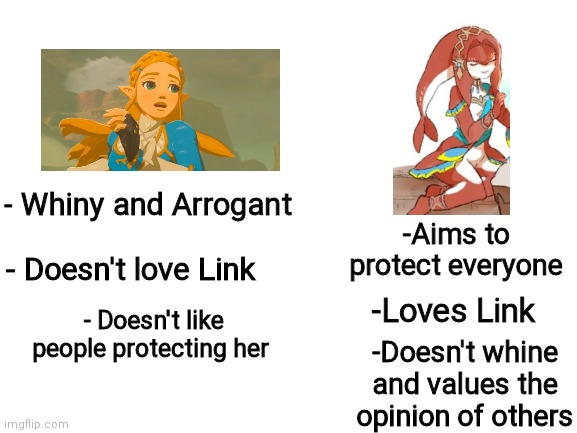 Blank White Template | - Whiny and Arrogant; -Aims to protect everyone; - Doesn't love Link; -Loves Link; - Doesn't like people protecting her; -Doesn't whine and values the opinion of others | image tagged in blank white template | made w/ Imgflip meme maker