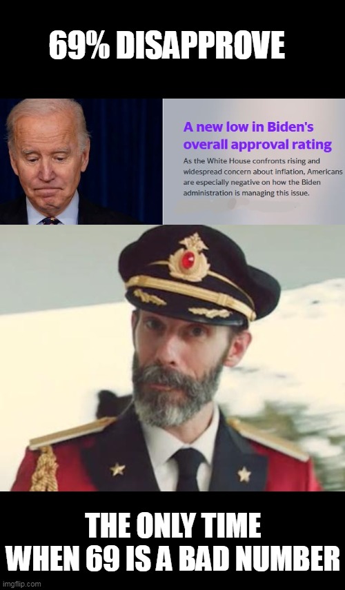 from the left leaning Yahoo news.the other 31% sniff glue | 69% DISAPPROVE; THE ONLY TIME WHEN 69 IS A BAD NUMBER | image tagged in captain obvious,creepy joe biden,bribes,sucks,dementia,inflation | made w/ Imgflip meme maker