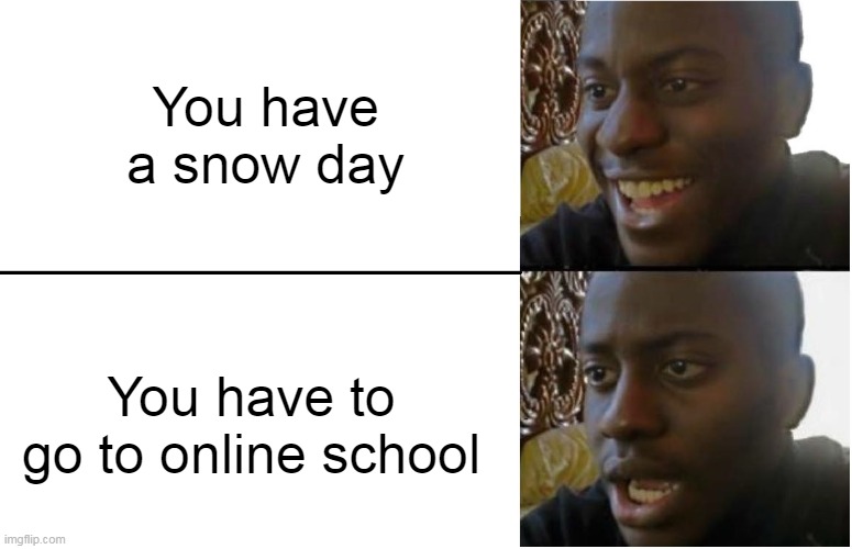 Disappointed Black Guy | You have a snow day; You have to go to online school | image tagged in disappointed black guy | made w/ Imgflip meme maker