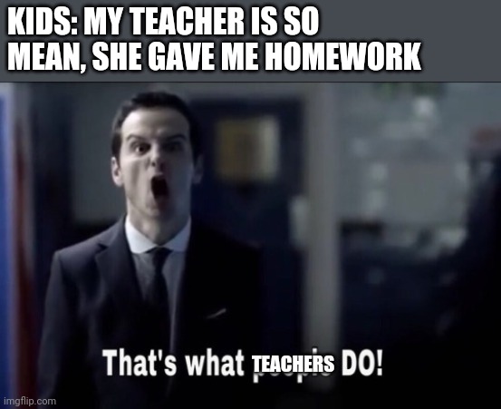 And when get older...your boss will give you work! | KIDS: MY TEACHER IS SO MEAN, SHE GAVE ME HOMEWORK; TEACHERS | image tagged in funny memes,school | made w/ Imgflip meme maker