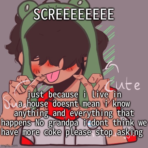 Grandmother yes i was aware that we had a recycling bin- | SCREEEEEEEE; just because i live in a house doesnt mean i know anything and everything that happens No grandpa i dont think we have more coke please stop asking | image tagged in remaking an old pisscrew go brrrr | made w/ Imgflip meme maker