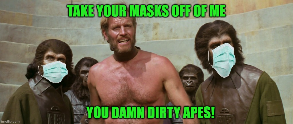 damn dirty apes | TAKE YOUR MASKS OFF OF ME YOU DAMN DIRTY APES! | image tagged in damn dirty apes | made w/ Imgflip meme maker