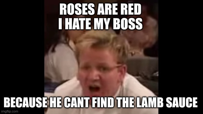 yes gordan ramsay is actualy  my boss | ROSES ARE RED 
I HATE MY BOSS; BECAUSE HE CANT FIND THE LAMB SAUCE | image tagged in wheres the lamb sauce | made w/ Imgflip meme maker