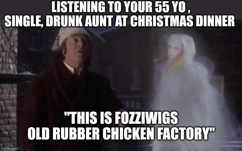 LISTENING TO YOUR 55 YO , SINGLE, DRUNK AUNT AT CHRISTMAS DINNER; "THIS IS FOZZIWIGS OLD RUBBER CHICKEN FACTORY" | image tagged in funny memes | made w/ Imgflip meme maker