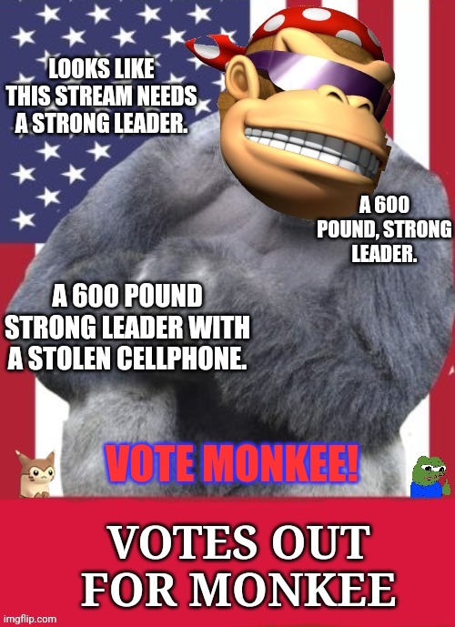 It's almost campaigning season... | LOOKS LIKE THIS STREAM NEEDS A STRONG LEADER. A 600 POUND, STRONG LEADER. A 600 POUND STRONG LEADER WITH A STOLEN CELLPHONE. VOTE MONKEE! | image tagged in votes out for monkee,monke,harambe,vote surlykong | made w/ Imgflip meme maker