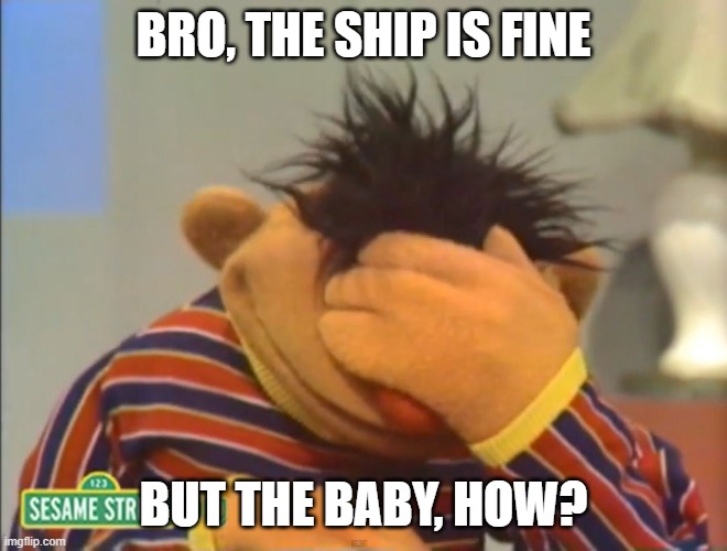 Face palm Ernie  | BRO, THE SHIP IS FINE BUT THE BABY, HOW? | image tagged in face palm ernie | made w/ Imgflip meme maker