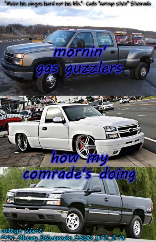 cateye silvie's temp by cateye silvie | mornin' gas guzzlers; how my comrade's doing | image tagged in cateye silvie's temp by cateye silvie | made w/ Imgflip meme maker
