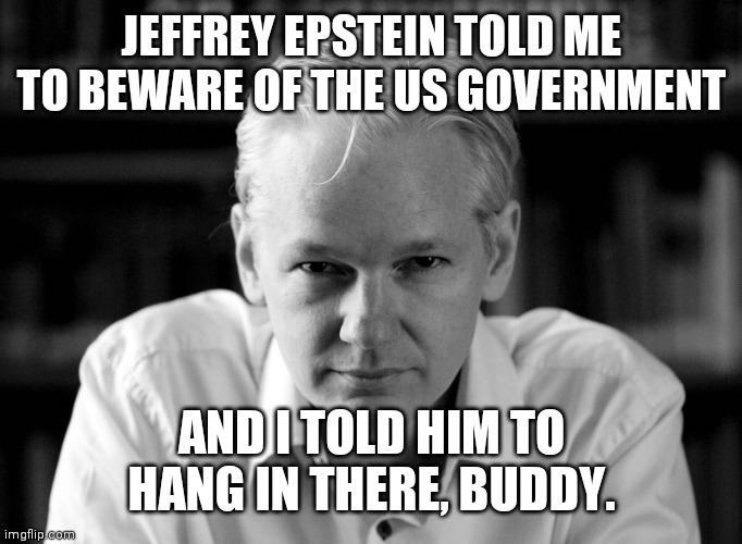 We Love the truth, as long as it our Truth | JEFFREY EPSTEIN TOLD ME TO BEWARE OF THE US GOVERNMENT; AND I TOLD HIM TO HANG IN THERE, BUDDY. | image tagged in julian assange,see nobody cares,hillary clinton,suicide squad,freedom | made w/ Imgflip meme maker