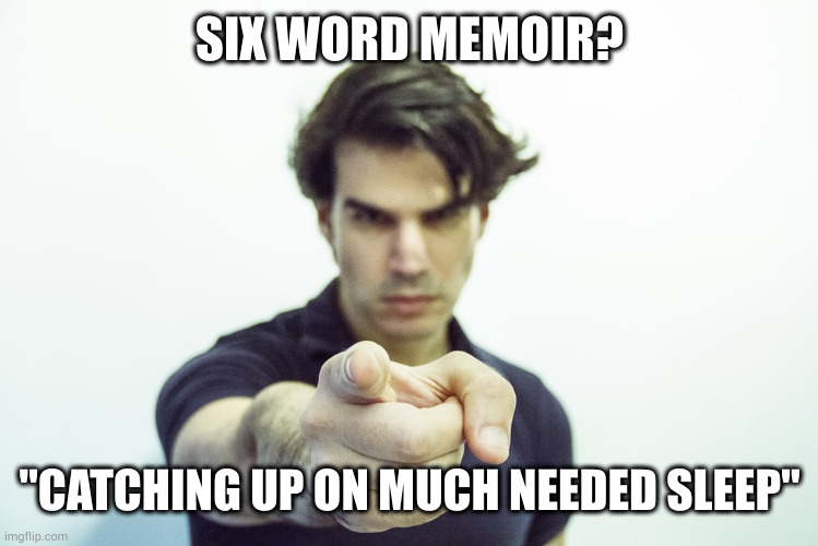 Six word memoir | SIX WORD MEMOIR? "CATCHING UP ON MUCH NEEDED SLEEP" | image tagged in six word memoir | made w/ Imgflip meme maker