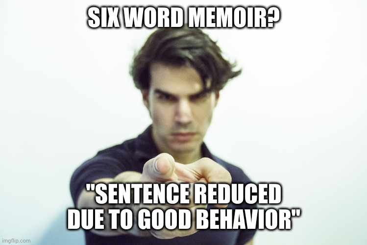 Six word memoir | SIX WORD MEMOIR? "SENTENCE REDUCED DUE TO GOOD BEHAVIOR" | image tagged in six word memoir | made w/ Imgflip meme maker
