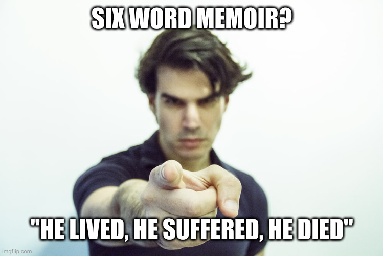Six word memoir | SIX WORD MEMOIR? "HE LIVED, HE SUFFERED, HE DIED" | image tagged in six word memoir | made w/ Imgflip meme maker